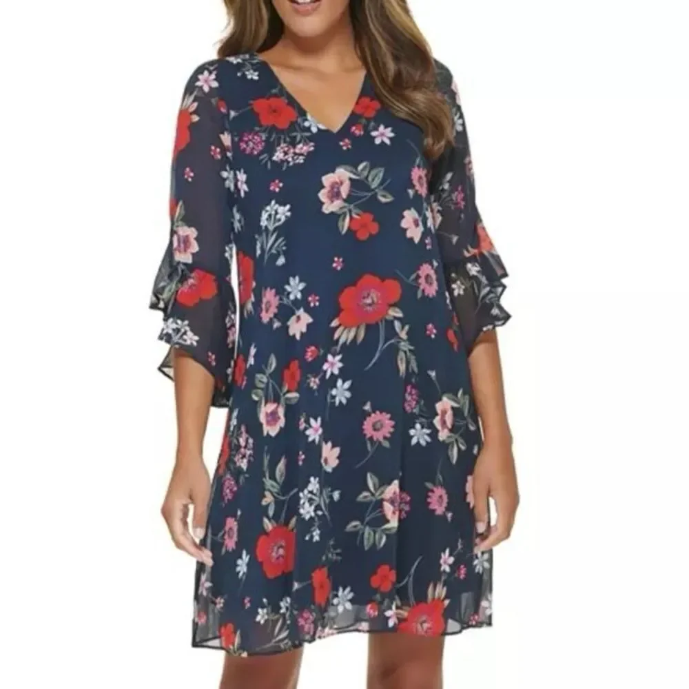 Calvin Klein Plus Size Navy Chiffon 3/4 Sleeve Shift Floral Dress Sz 16W NWOT
